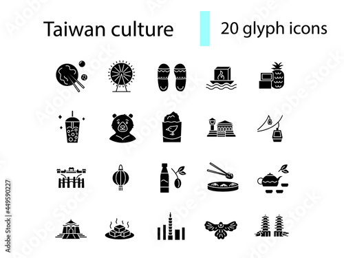Taiwan glyph icons set. Taiwanes attractions. Buddha, formosan bear. Isolated vector stock illustration
