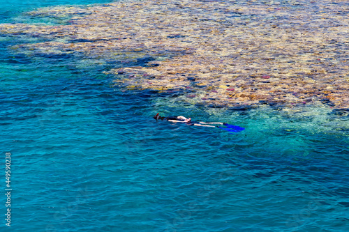 Egypt, Sharm el Sheikh - July 23, 2021. A man swims with a mask in the red sea. Tiran island Jackson reef.