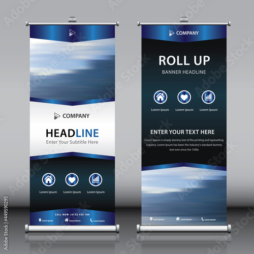 Roll up vertical banner design template with blue white black color concept