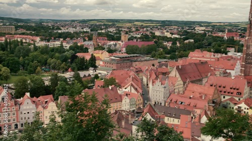 Aerial view of German city Landshut with big church 