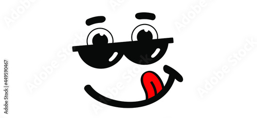 Yummy smile with tongue and lips. Emoticon, emoji face smiling and sunglasses. Cartoon vector cool sign. Eating, eat mouth. Comic sun glasses and astonish, astound, amaze expression