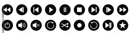 Set of black audio buttons. Black round buttons. Vector illustration. Isolated player buttons on white background