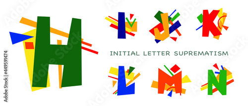 Drop cap. Set of latin letters in the style of avant-garde, suprematism, constructivism.