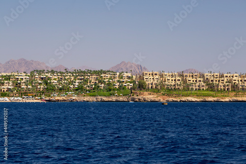 Egypt Sharm el Sheikh - July 23, 2021. Panorama from the sea. View of the city.