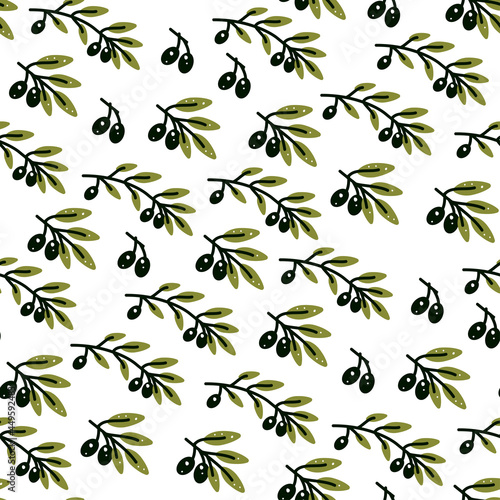 Olive branch seamless pattern in hand drawn style on white background. Organic vegetable. Print with stylized tree branches. Doodle art