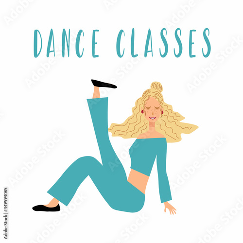 Dance Classes. Inscription dance classes and a girl dancing on the floor. Vector illustration