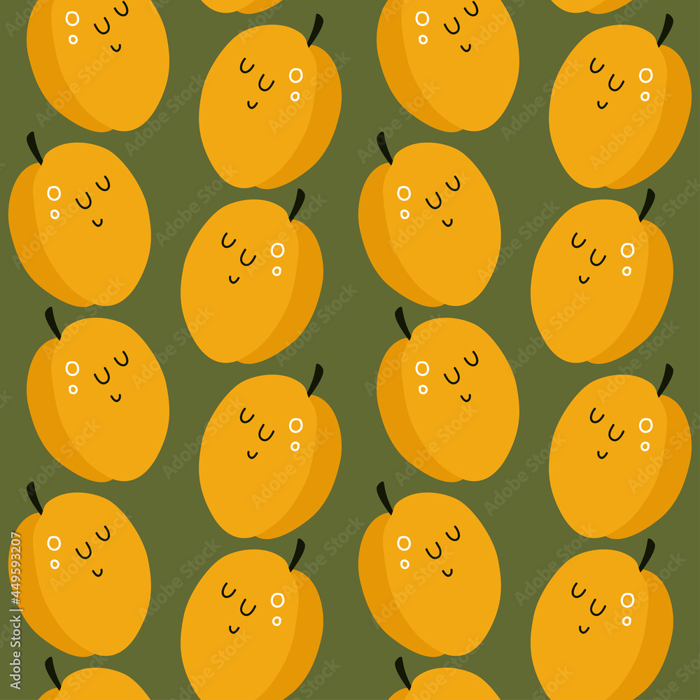 vector seamless cute pattern with cartoon apricots. it can be used as wallpaper, poster, print for clothes, fabrics, textiles, notebooks, packaging paper. food background.