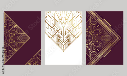 Set of white and burgundy cards with gold art deco ornament