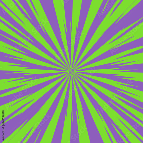 Pop art radial colorful comics book magazine cover. Striped green and violet digital background. Cartoon funny retro pattern strip mock up. Vector halftone illustration. Sunburst  starburst shape