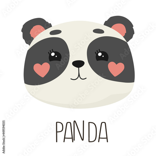 Happy panda with the word PANDA, cute baby illustration, print for baby clothes, postcards, packs. Vector illustration.