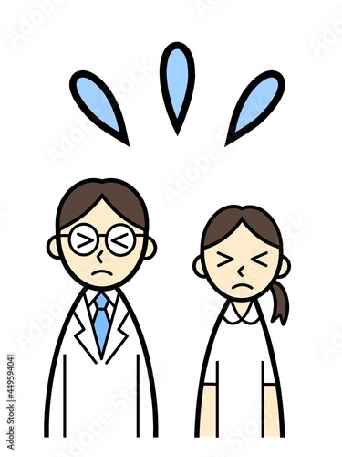 tired doctor and nurse with sweat droplets