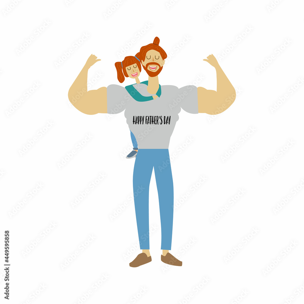 Red-haired man dad with a Happy Father's Day T-shirt stands with his daughter who hugs him from the back. Vector illustration on white background.