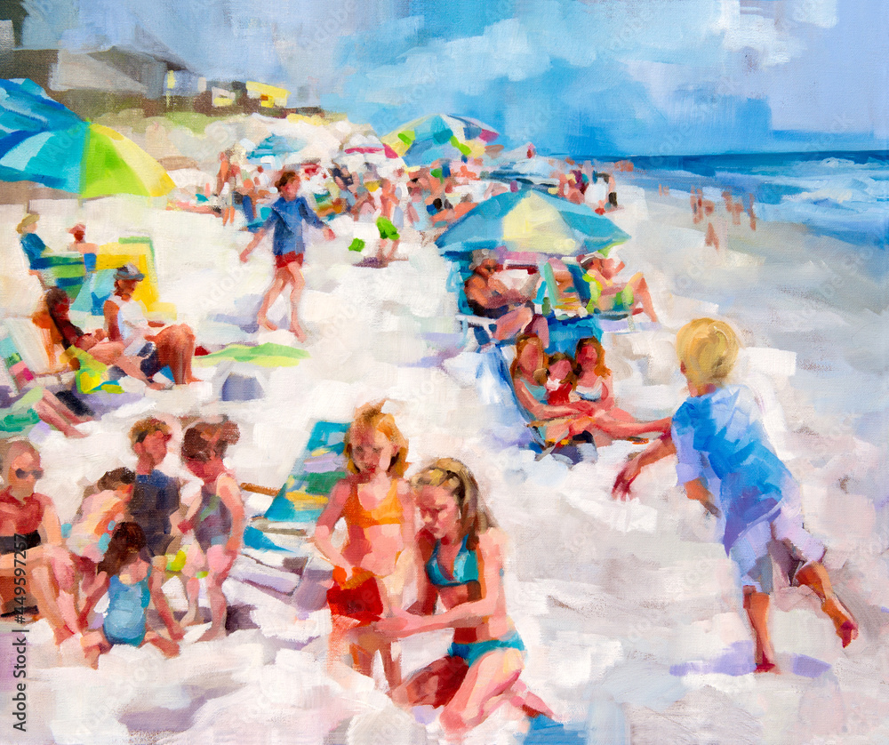An impressionist oil painting depicting a sunny day at the beach.