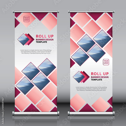 Roll up vertical business banner design template with pink purple white color square tiles concept