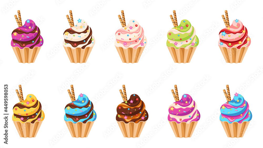 Cupcakes vector set. Colorful cakes collection. Vanilla, chocolate, strawberries, caramel, lemon, kiwi.