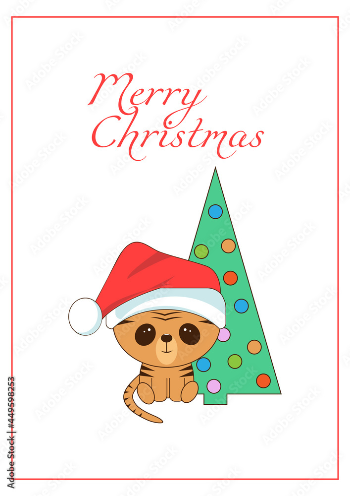 Merry Christmas and Happy New Year card. Sitting tiger in red Santa hat.
