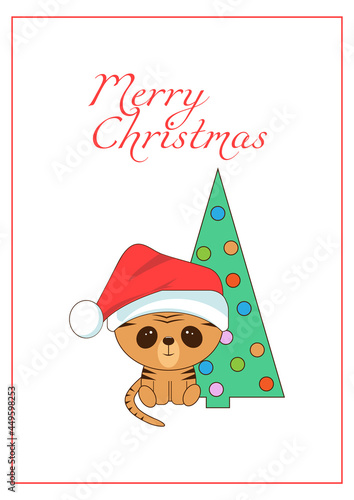 Obraz na płótnie Merry Christmas and Happy New Year card. Sitting tiger in red Santa hat. w salonie