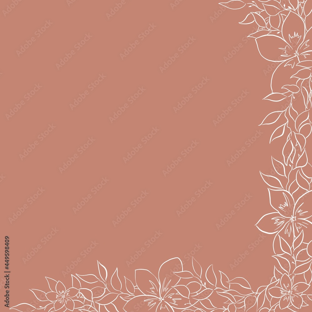 Plumerias - Pastel tones background with white line illustrations. Minimalistic design. Simple and stylish illustration for wrapping paper, textile, decorations, postcards, invitations. Plumerias - Pastel tones background with white line illustrations. Minimalistic design. Simple and stylish illustration for wrapping paper, textile, decorations, postcards, invitations.