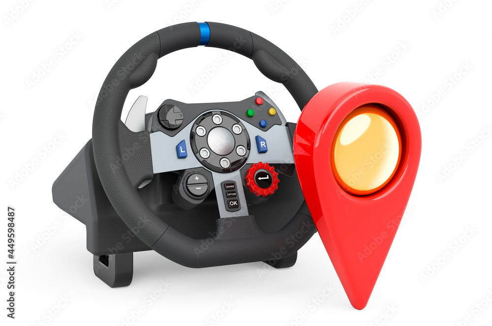 Map pointer with gaming steering wheel, 3D rendering Map pointer with gaming steering wheel, 3D rendering