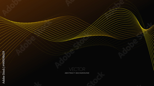 Shiny dynamic light waves illustration vector. Futuristic yellow and brown color abstract twisted lines design in dark gradient background. Wallpaper website background or landing page