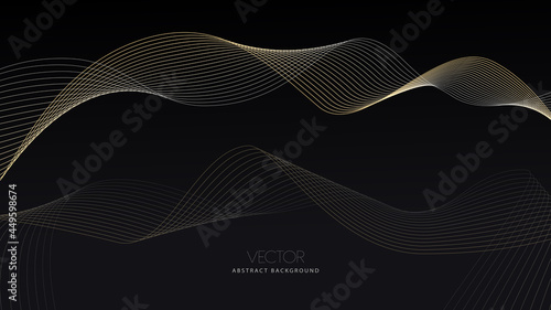 Shiny dynamic light waves illustration vector. Futuristic gold and silver color abstract twisted lines design in dark black gradient background. Wallpaper website background or landing page