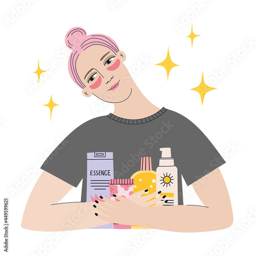 Every day skin care routine. Pretty girl with eye patches and beauty products. Skin care concept. Cleansing, moisturizing, treating. Hand drawn vector illustration. Cartoon style. Beauty shopping