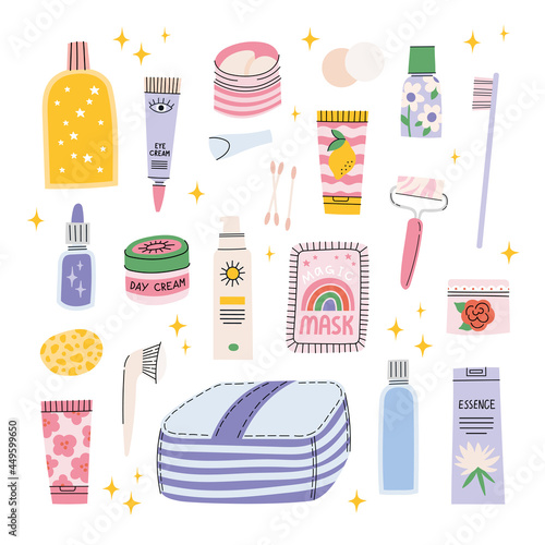 Set of various cosmetics. Cosmetic bag, SPF cream, oil cleanser, foam cleanser, cotton buds, toner, tonic, essence, sheet mask, serum, eye patches, teeth brush. Make up and skin care concept. Vector.
