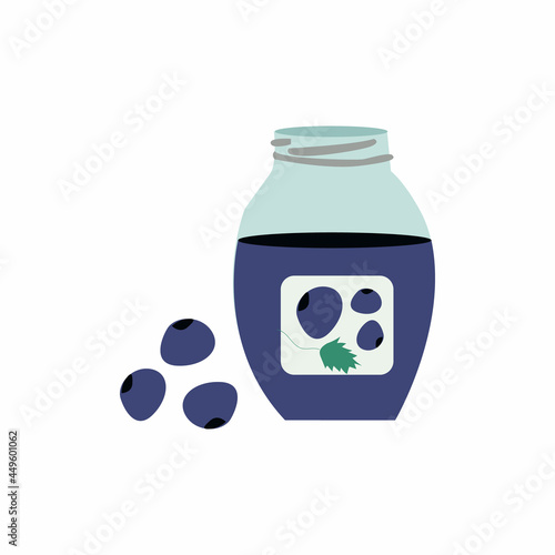 Glass jar with blueberries jam. Bright vector illustration of blueberry jam.