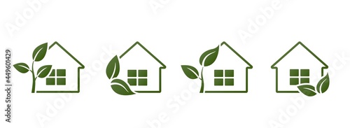 eco house line icon set. eco friendly and environmental building symbols. leaf and house