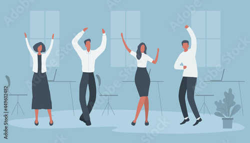 Office workers are celebrating the victory. Happy employees are dancing. Business people in the blue office room. Funky flat style. Vector illustration