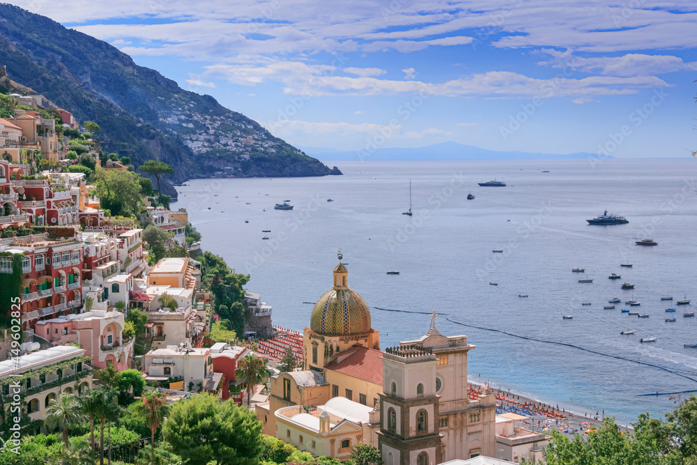 Amalfi coast (Costiera Amalfitana): panoramic view of Positano town in Italy (Campania).