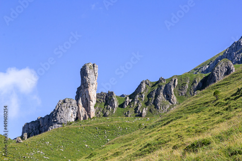 Alps mountain peak and rock formation of Bettlerstock on the Engelberg and Titlis area under the blue sky