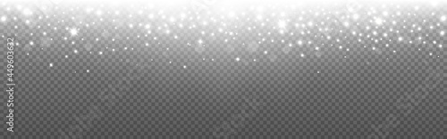 Glitter silver on transparent backdrop. Glowing lights effect with rays. Shiny particles and silver bokeh. Wide banner with sparks. Vector illustration
