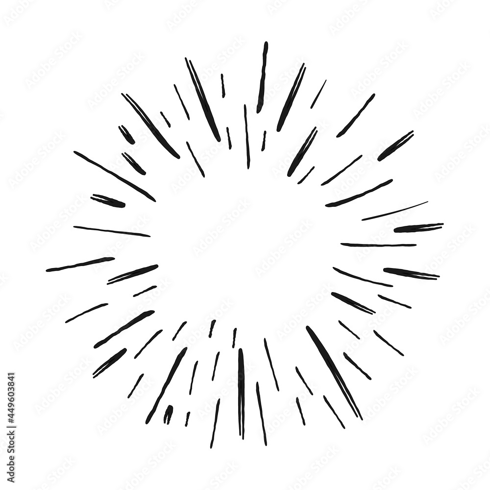 Obraz premium Sunburst doodle illustration. Star burst hand drawn linear explosion. Handmade Design elements.