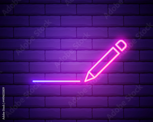 simple pencil symbol. Neon style. Light decoration icon. Bright electric symbol isolated on brick wall.