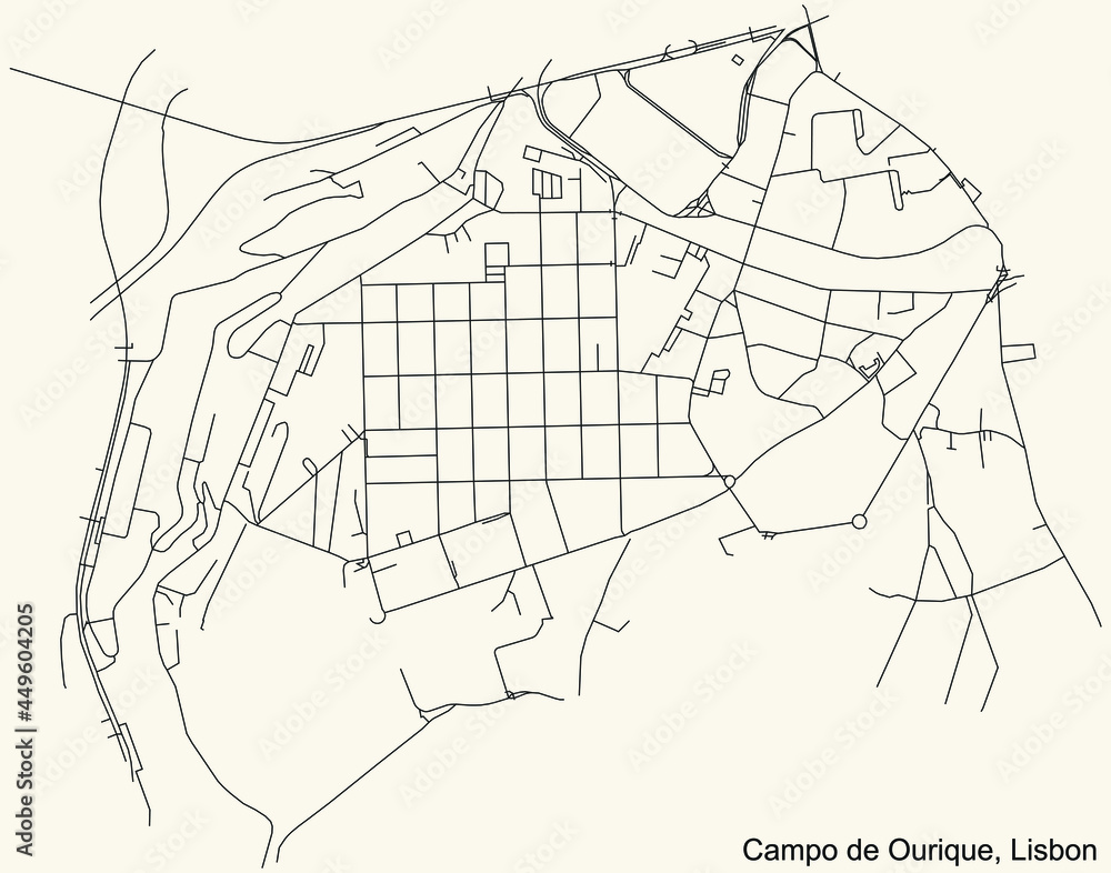 Black simple detailed street roads map on vintage beige background of the quarter Campo de Ourique civil parish of Lisbon, Portugal