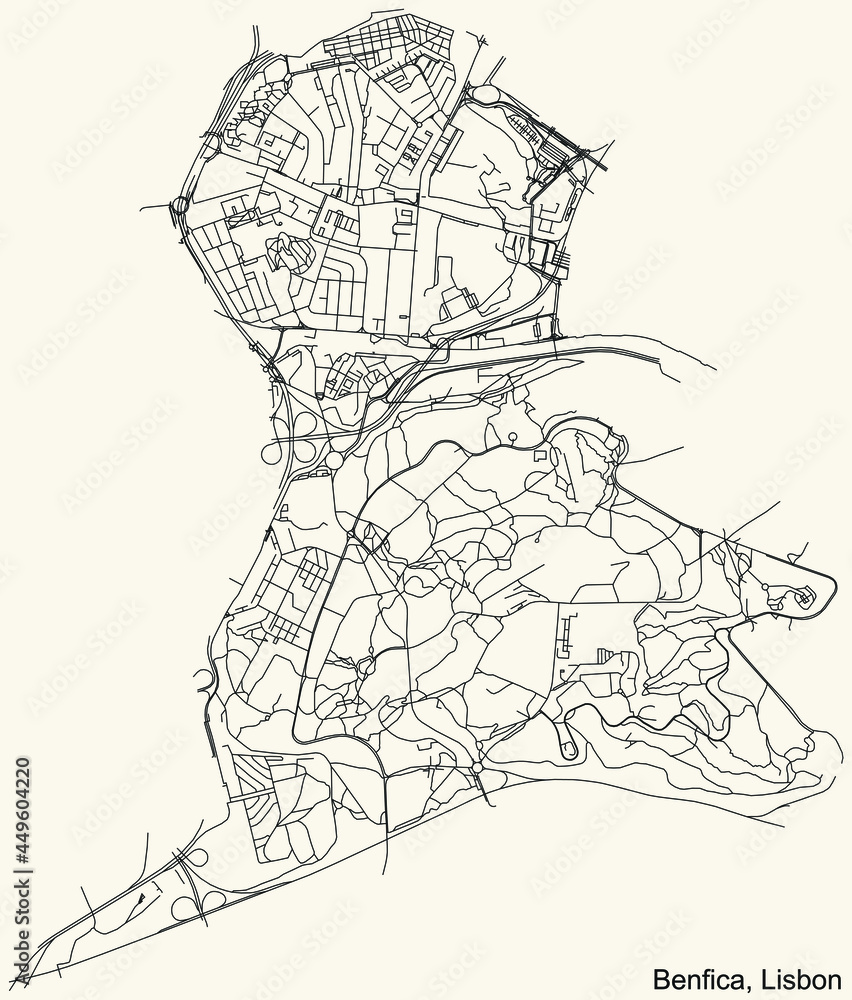 Naklejka premium Black simple detailed street roads map on vintage beige background of the quarter Benfica civil parish of Lisbon, Portugal