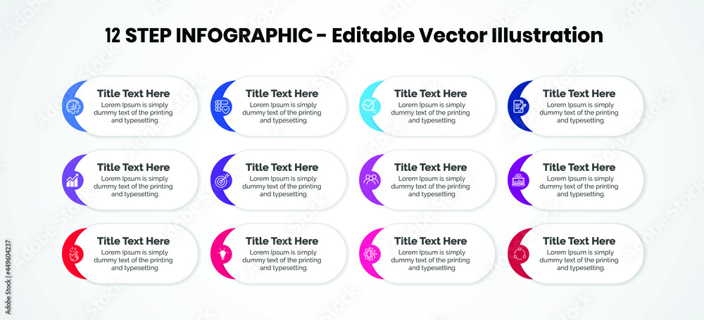 12 Steps Infographics Design Template - Graph, Pie chart, workflow layout, cycling diagram, brochure, report, presentation, web design. Editable Vector illustration 12 Steps Infographics Design Template - Graph, Pie chart, workflow layout, cycling diagram, brochure, report, presentation, web design. Editable Vector illustration