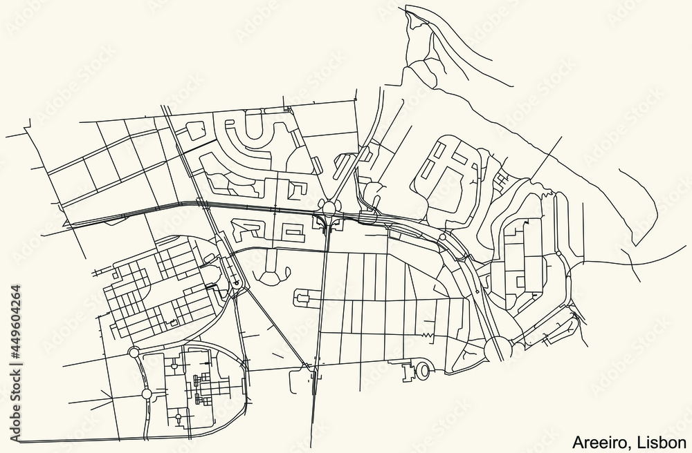Black simple detailed street roads map on vintage beige background of the quarter Areeiro civil parish of Lisbon, Portugal