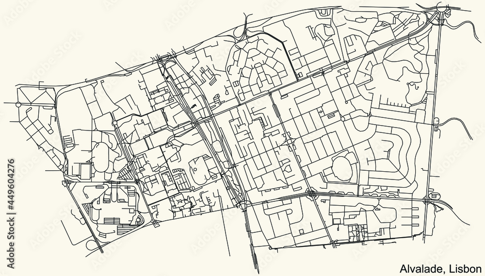 Black simple detailed street roads map on vintage beige background of the quarter Alvalade civil parish of Lisbon, Portugal