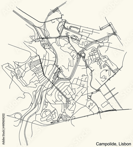 Black simple detailed street roads map on vintage beige background of the quarter Campolide civil parish of Lisbon, Portugal photo