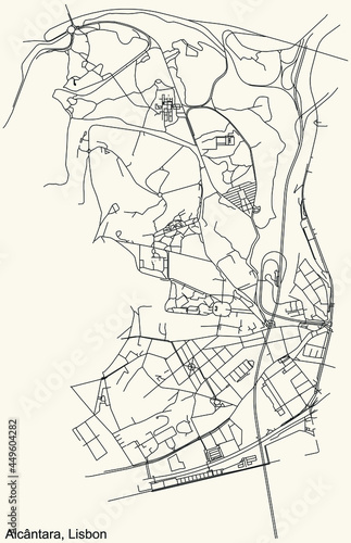 Black simple detailed street roads map on vintage beige background of the quarter Alc  ntara civil parish of Lisbon  Portugal