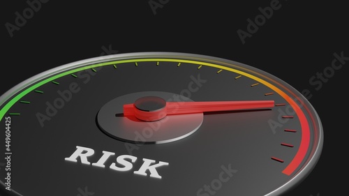 Gauge meter indicating high risk level, 
Investing risk, business risk concept