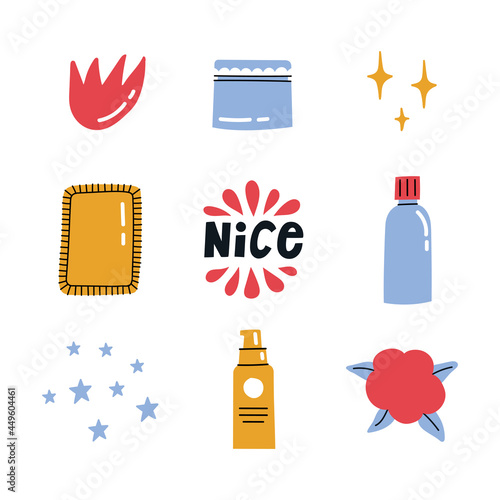 Cute and simple beauty products and decoration elements collection. Doodle style icons for social media and polygraphy design. Clip art vector design.