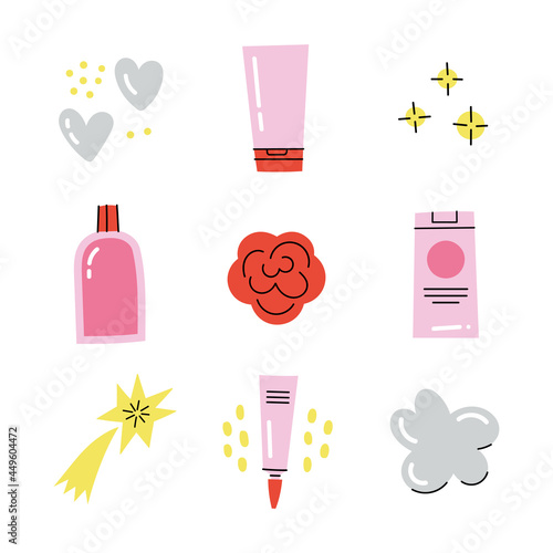 Cute and simple beauty products and decoration elements collection. Doodle style icons for social media and polygraphy design. Clip art vector design.