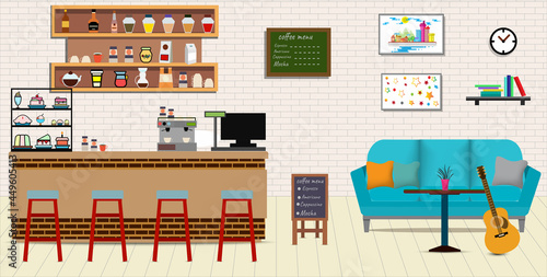 Coffee shop.Empty Cafe bar counter for serving coffee with cash box and menu board.sweet desserts,wooden counter, stools,sofas,Vector Coffee Shop and Cafe concept.