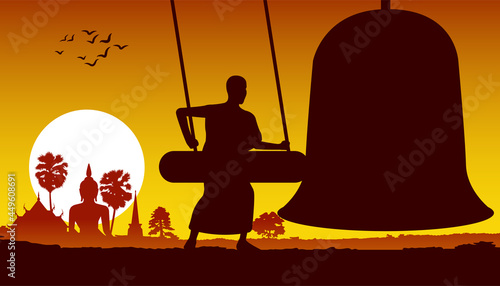 monk hit bell in the morning to tell another to go to ask food,routine of Buddhism temple to be time signing