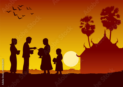 couple buddhist give food offering to a monk or ask as a favour receive food or ask for alms,routine of monk