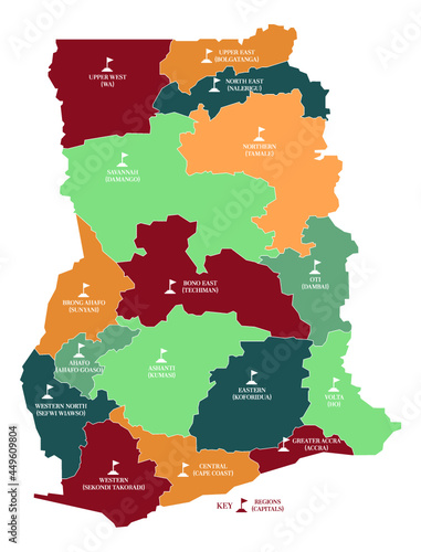 Ghana Map with sixteen regions and capitals