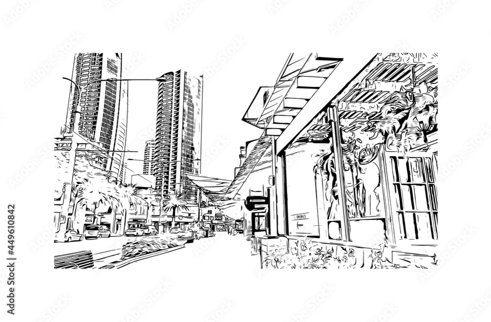 Building view with landmark of Gold Coast is the 
city in Australia. Hand drawn sketch illustration in vector.